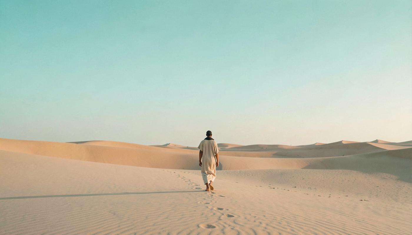 Caminhante solitário atravessando o deserto ao amanhecer